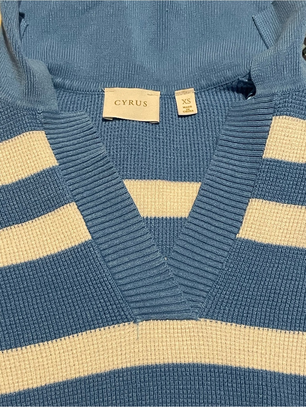 Cyrus Blue & White Striped V-Neck Sweater with Hood - Picture 2 of 5